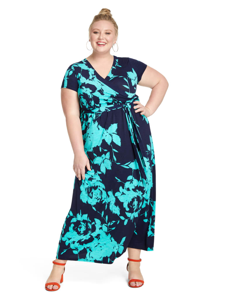 Plus size model with apple body shape wearing Miami Faux Wrap Maxi Dress by Meri Skye | Dia&Co | dia_product_style_image_id:118453